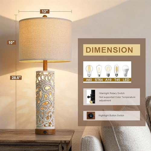OYEARS 2-in-1 Light Table Lamp Set of 2 for Living Room, 28.5" Farmhouse Bedside Lamps with USB Charging Port, Main&Night Light & Dual Switches, Nightstand Lamp for Bedroom Home Office(Bulb Included) - Image 5