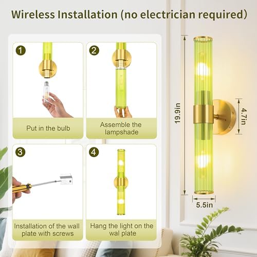 Morauroral Gold Battery Operated Wall Sconces Set of 2, Rechargeable Wall Lights with Remote Control, 20 Inch Modern Wireless Wall Lamp for Bedroom, Living Room with Green Shade (Bulbs Included) - Image 5