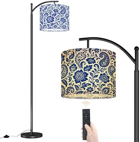 Arc Floor Lamp Floral Swirling Blue White Design Dimmable Modern Standing Lamp with Remote Adjustable Drum Shade Footswitch Tall Pole Lamp for Living Room Bedroom by DERUINVAIO