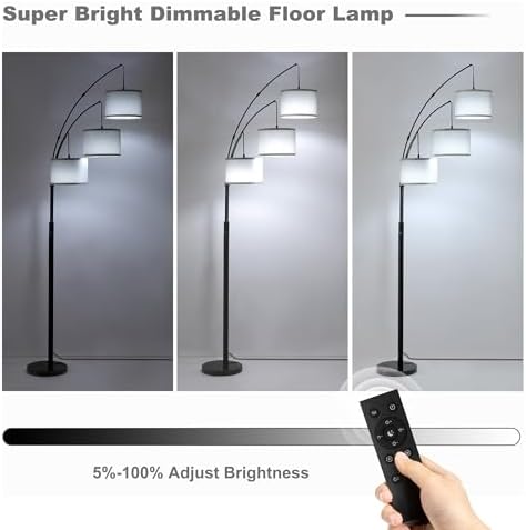 Floor lamp with Remote, 3 Light Arc Floor Lamps for Living Room, 2400LM Tall Standing Floor Lamps with Gray Shades, 80" Large Floor Lamp for Bedroom, Office - Image 6