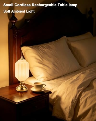 UMEXUS Vintage Cordless Rechargeable Table Lamp, Antique Brass, White Glass - Image 4