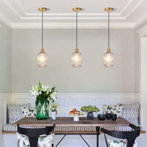 2 Pack Pendant Lights with Vintage Clear Ribbed Glass Lampshade, Adjustable Brushed Gold Pendant Lights Fixtures for Kitchen Island Lighting Sink, Dining & Living Room Hallway (Bulbs Not Included) - Image 2