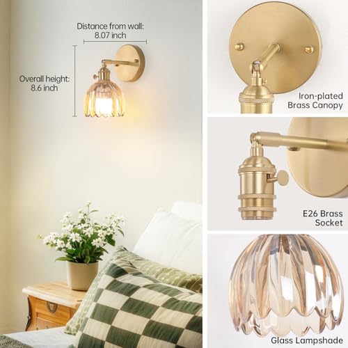 Shenmoyl Vintage Battery Operated Wall Sconce with Amber Tulip Glass Lampshade Rechargeable Battery Powered Wall Light with Remote Control for Bedside Bedroom Doorway, Set of 2 - Image 4