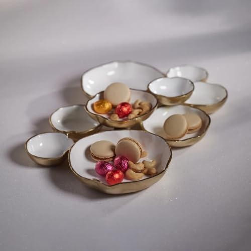 Zodax Cluster of 9 Round Gold & White Enamel Serving Bowls, 19 x 12 x 2.5in - Image 2