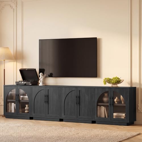 Fatmok Modular Entertainment Center & Buffet Cabinet, Extra Long Sideboard TV Stand with Arched Glass Doors, Modern Wooden Storage Cabinet for Living Room, Black Grey(DCCD,4-Piece) by Fatmok