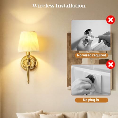Battery Operated Wall Sconces Set of 2, Wireless Rechargeable Wall Lights with 12 RGB Colors and 3CCT Dimmable, Small Fabric LED Wall Lamps for Bedroom, Living Room, Hallway, Gold - Image 6