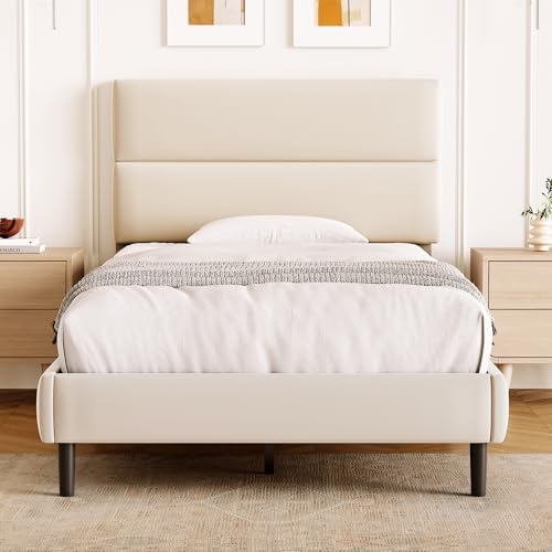 GRUSIGN Twin Size Platform Bed Frame with Velvet Headboard, Adjustable Height Wooden Slats Support, Upholstered Mattress Foundation, Fits Mattress or Mattress with Box Spring, Easy Assembly, Beige by GRUSIGN