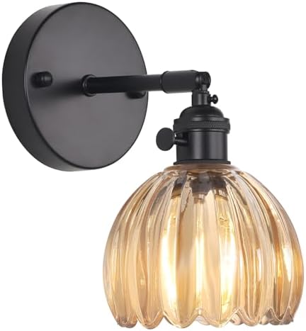 Shenmoyl Vintage Wall Sconce with Amber Tulip Glass Lampshade 180 Degree Adjustable Black Sconce Hradwired Modern Wall Lighting Fixture with Switch for Bedside Bedroom Doorway by Shenmoyl
