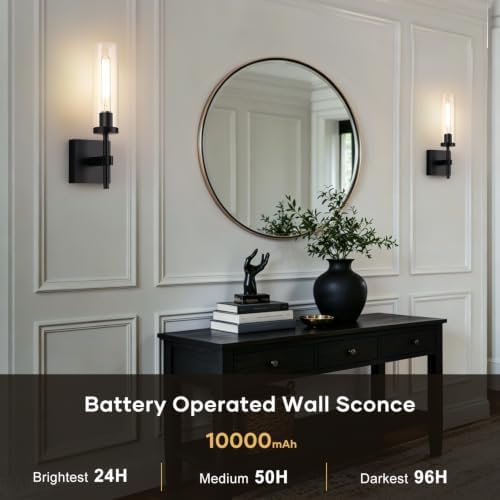 Wireless Battery Operated Wall Sconces with Remote Control, 10000mAh Wall Sconce Set of 2, Black Rechargeable Dimmable Wall Lamps for Bedroom Living Room Bathroom Hallway Stairwell, 3000K - Image 3