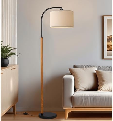 66” Brown Black Arc Floor Lamps for Living Room, 1200 Lumens 3-Level Brightness Wood Floor Lamp for Bedroom, Vintage Mid Century Black Standing Lamp, Adjustable Lampshade, LED Bulb Included by FINNCHY