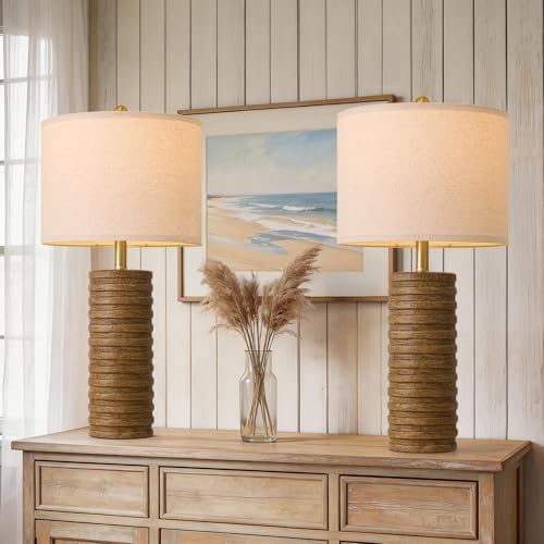 PoKat Farmhouse Table Lamps Set of 2 for Living Room, 27'' Tall Retro Ceramic Bedside Lamps with Linen Lampshade for Bedroom, Vintage Wood-Like Rustic Nightstand Lamp Office Sideboard Hallway (Brown) - Image 4