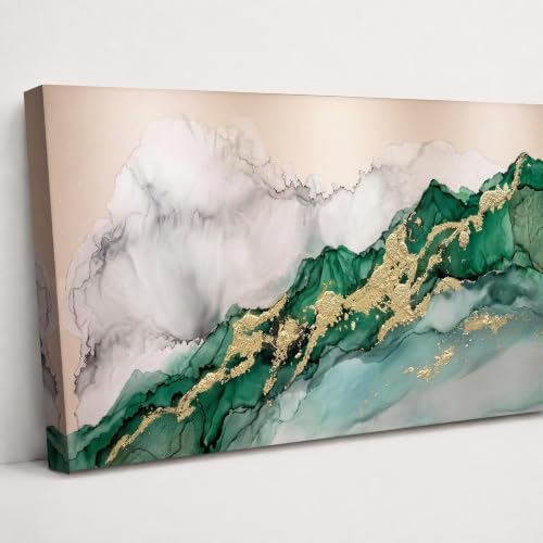 Anolyfi Emerald Green & Gold Modern Abstract Canvas Wall Art 40"x20" - Image 2