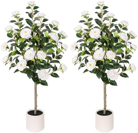 Yepdin 47 inch Artificial Camellia Tree with White Flower Pots -2 Pack White Fake Tree,4 Ft Faux Plants Indoor wich Blooming,Artificial Plants for Indoor & Outdoor Home Front Door Decor - Image 2