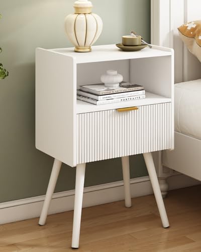 JOONEE White Nightstand,Modern Bedside Table with Storage Drawer and Open Wood Shelf, for Living Room, Bedroom and Small Spaces, Accent Night Stand with Solid Wood Legs, Easy Assembly,Classic White by JOONEE