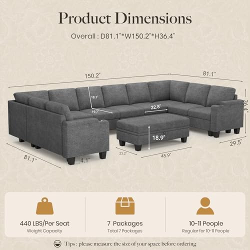 Belffin Oversized U Shaped Modular Sectional Couches for Living Room 10 Seater Modular Sofa Set with Storage Ottoman Large Sectional Couch with Cup Holder. Light Grey Sofa - Image 2