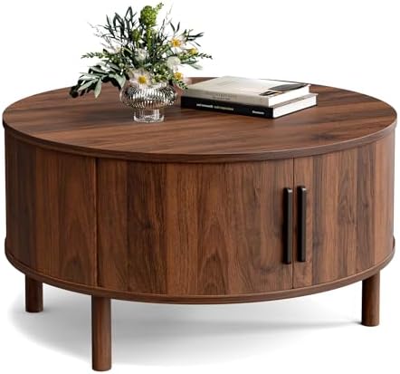 ZttRiee Round Coffee Table with Sliding Doors, Mid-Century, Walnut - Image 7