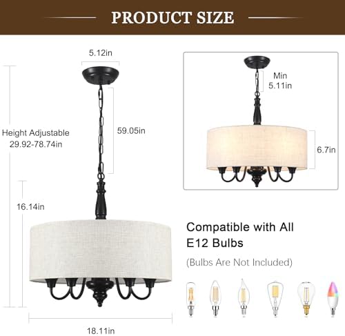 5-Light Drum Chandelier for Dining Room, 18'' Farmhouse Chandelier with Linen Shade, Round Fabric Drum Hanging Light Fixture for Entryway, Foyer, Living Room, Bedroom, Black - Image 3