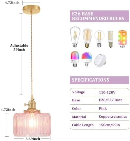 Shenmoyl Pendant Light with Pink Striped Glass Lmapshade, Brass Vintage Pendant Light Adjustable Hanging Light for Kitchen Island Dining Room Hallway - Image 2