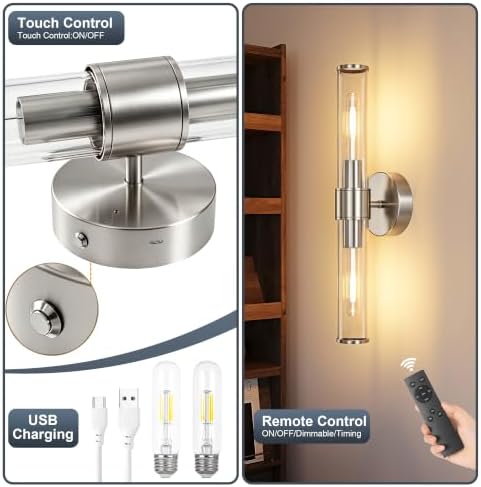 Brushed Nickel Battery Operated Wall Sconces Set of 2 with Remote - Image 7