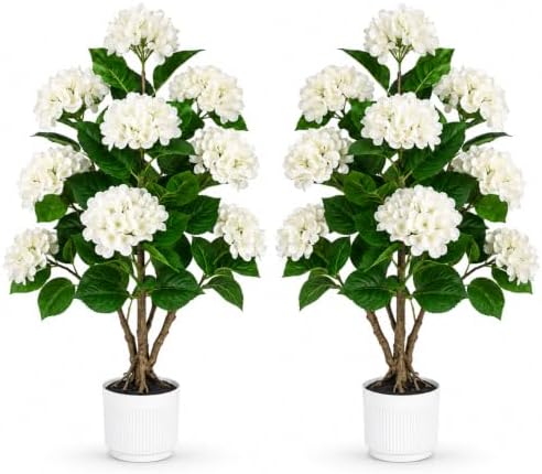 Faux Hydrangea Tree 2 Pack, 3FT White Artificial Flowering Plant by ICEYBLOOMS