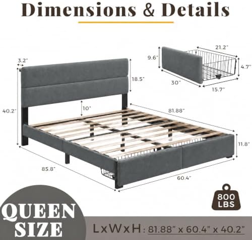 Queen Bed Frame with 2 Storage Drawers, Grey Velvet Upholstered - Image 2