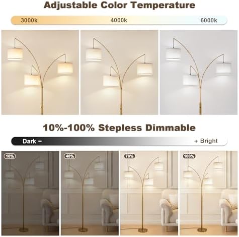 Netin Gold Floor Lamp, Arc Floor Lamps for Living Room Bright Lighting, 3 Light Dimmable Floor Lamp with Remote Control, 3 Color Temperature, Tree Floor Lamp for Bedroom Office - Image 3
