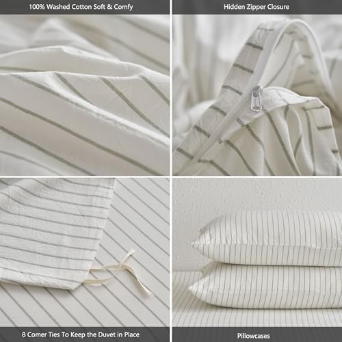 MooMee Striped Duvet Cover Set 100% Washed Cotton Linen Like Full - Image 6