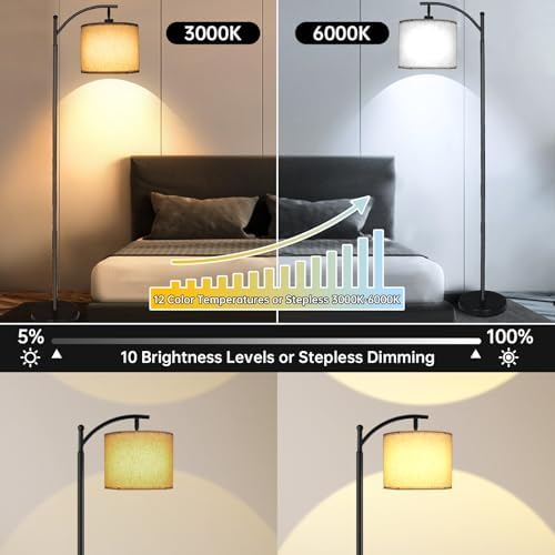 mukuxin LED Floor Lamps for Living Room, 12W 1200LM Modern Arc Floor Lamp with Remote & Adjustable Linen Lampshade, 12 Color Temperature Stepless Dimmable Tall Standing Lamp - Image 2