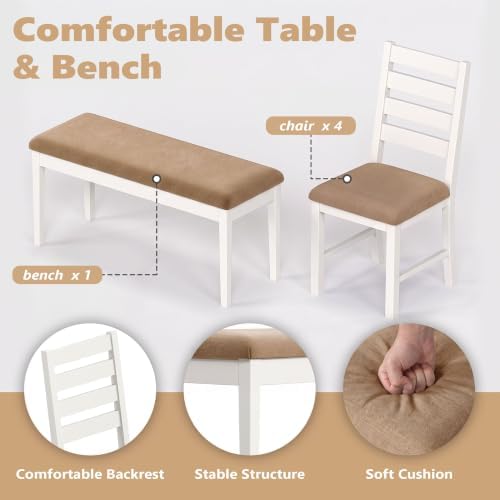 ROCSUMOO 6-Piece Dining Table and Chair Set with 4 Chairs & 1 Bench, Brown - Image 6
