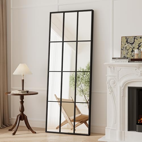 Mirror Full Length, 65"x22" Large Rectangular Mirrors, Black Window Pane Wall Body Mirror with Aluminum Frame, Farmhouse Standing Mirrors Hanging or Leaning for Living Room,No Stand by ZMYCZ