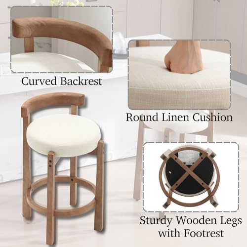 LukeAlon Mid Century Linen Single Counter Stool, Upholstered 26.5" Seat Height Low Barstools with Natural Wood Legs Round Low Back Kitchen Stool with Footrest for Dining Room, Beige - Image 3
