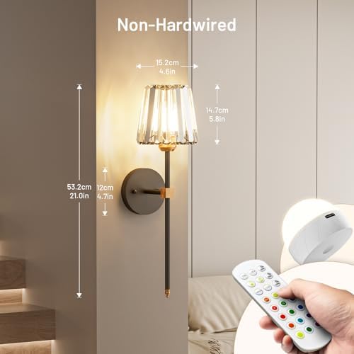 Crystal Battery Operated Wall Sconces Set of 2, Black and Gold Rechargeable Wireless Wall Lights with Crystal Lampshade, 12 RGB and 3CCT Dimmable Wall Lamps with Remote for Bedroom Living Room Hallway - Image 3