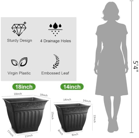 4-Pack 18 Inch Large Outdoor Planters, Embossed Leaf Pattern, Black - Image 6