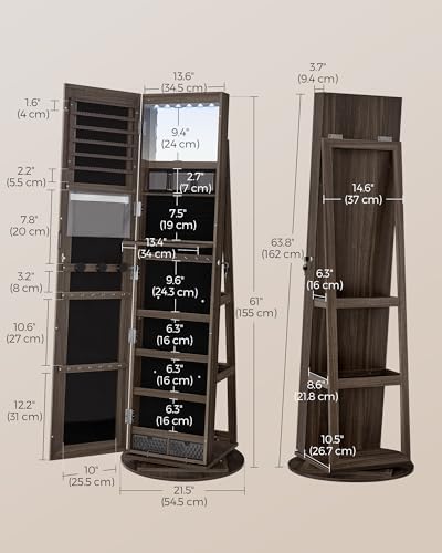 SONGMICS 6 LEDs Mirror Jewelry Cabinet Organizer, 360° Swivel, Lockable - Image 5