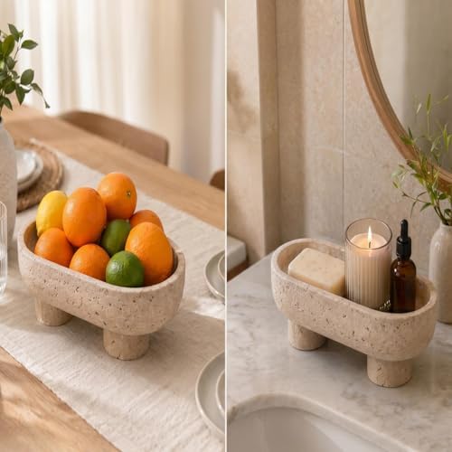 10" Natural Oval Travertine Fruit Bowl for Kitchen Counter,Decorative Bowl - Image 6
