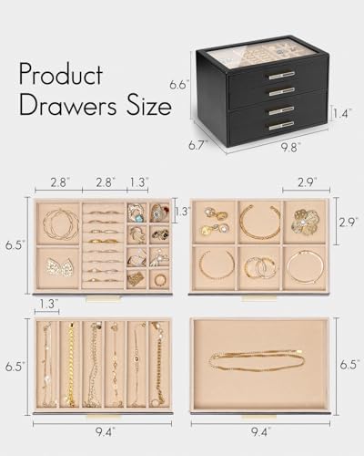 VLANDO 4 Layer Jewelry Box for Women, Glass Lid Jewelry Organizer with 4 Drawers for Necklaces Rings Earrings Bracelets - Black - Image 5