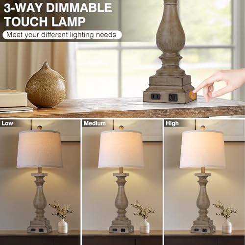 28" Tall Farmhouse Table Lamp with USB C+A Ports and AC Outlet, 3 Way Touch Control Rustic Bedside Lamp for Bedroom, Brown Vintage Nightstand Lamp for Living Room Office - Image 2