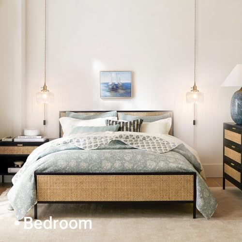 Shenmoyl Plug in Pendant Light Hanging Light Fixtures with Plugin Cord On/Off Switch,Clear Striped Glass Lampshade Brass Pendant Light - Image 4