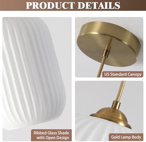 KCO 2 Pack Small Brass Gold 5.5” Ribbed Cylinder White Glass Pendant Lights - Image 3