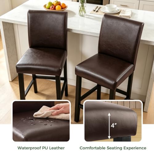 LSSPAID Counter Height Bar Stools Set of 2, 25 Inch Upholstered PU Leather Barstools, Modern Kitchen Island Chairs with Backrest and Solid Wood Legs, Dark Brown - Image 5