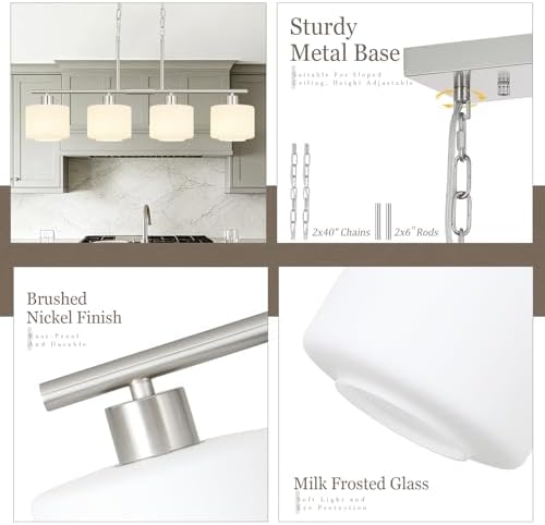 4-Light Brushed Nickel Kitchen Island Lighting, Modern Linear Dining Room Chandelier Light Fixtures with Milk Glass and Chain, Mid Century Hanging Lights for Kitchen Island, OS-YQ8153-4ISBNW - Image 2