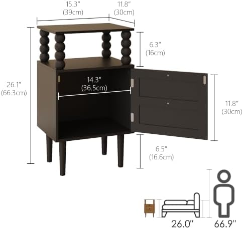 Nightstand with Storage Drawer and Open Wood Shelf,Solid Wood Legs (Black) - Image 2