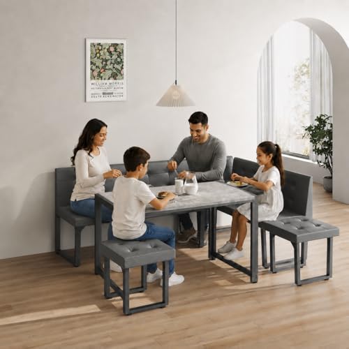 XIAO WEI Corner Dining Table Set for Small Spaces, 70 Inch Breakfast Nook with Storage Banquette, 5 Piece Dining Set with Upholstered Bench, Modern Grey - Image 3