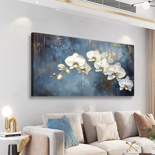 Abstract White Butterfly Orchid Canvas Wall Art for Living room Office Bedroom Flowers Wall Art Print Oil Paintings Modern Blue Gold Rain Mist Pictures Wall Decor Artwork Ready to Hang - 28in * 57inch - Image 7