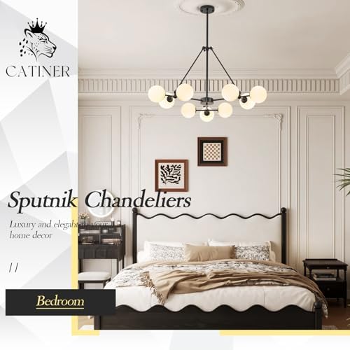 CATINER Modern 40" 9-Light Black Sputnik Chandelier with Milk Glass Globe - Image 2