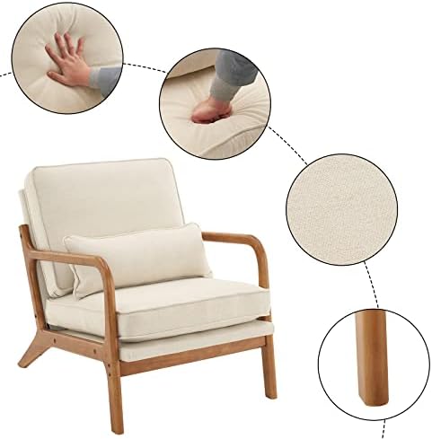 Bonnlo Fine Linen Beige Mid Century Modern Accent Chair, Soild Wood Padding Lounge Armchairs Side Sitting Chairs for Living Room, Bedroom, Guest Room - Image 4
