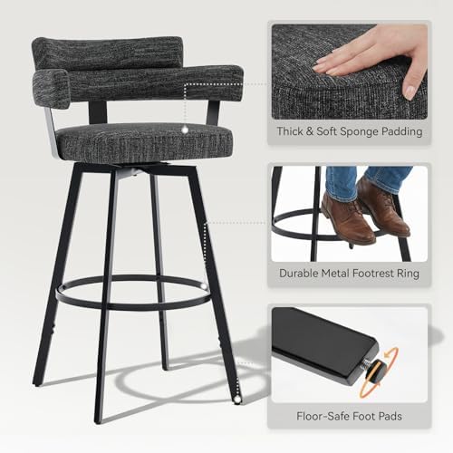 30 Inch Bar Stools Set of 2 with Full Back, Swivel Bar Chairs with Linen Padded Back, Metal Footrest, Modern Bar Height Stools for Kitchen Island, Dining, Living Room, Black - Image 5