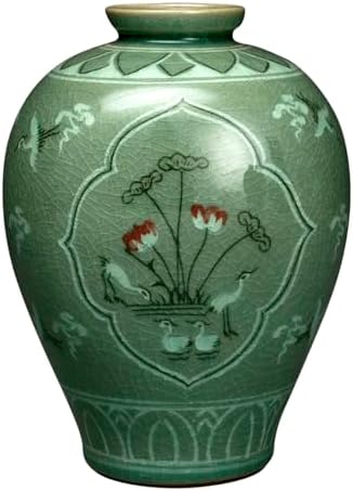 Korean Celadon Glaze Semi-Round Inlaid Lotus Flower Pond Inlay Design Green Decorative Porcelain Ceramic Pottery Home Decor Accent Vase by AntiqueAlive