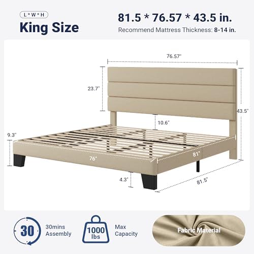 Allewie King Size Platform Bed Frame with Fabric Upholstered Headboard and Wooden Slats Support, Fully Upholstered Mattress Foundation/No Box Spring Needed/Easy Assembly, Beige - Image 2