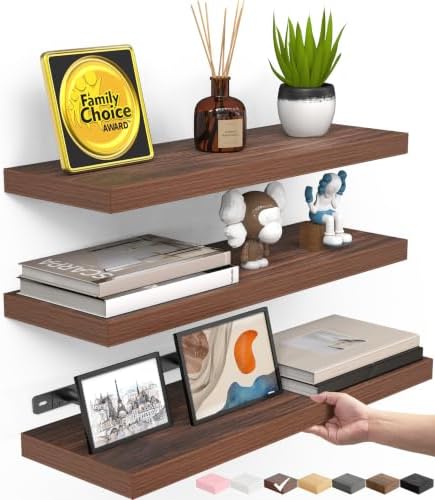 BAYKA Floating Shelves for Wall, Wall Mounted Rustic Wood Shelves for Bathroom, Bedroom, Living Room, Kitchen,Small Hanging Shelf for Books/Storage/Room Decor (Walnut-Like, Set of 3, 15.7in) by Bayka